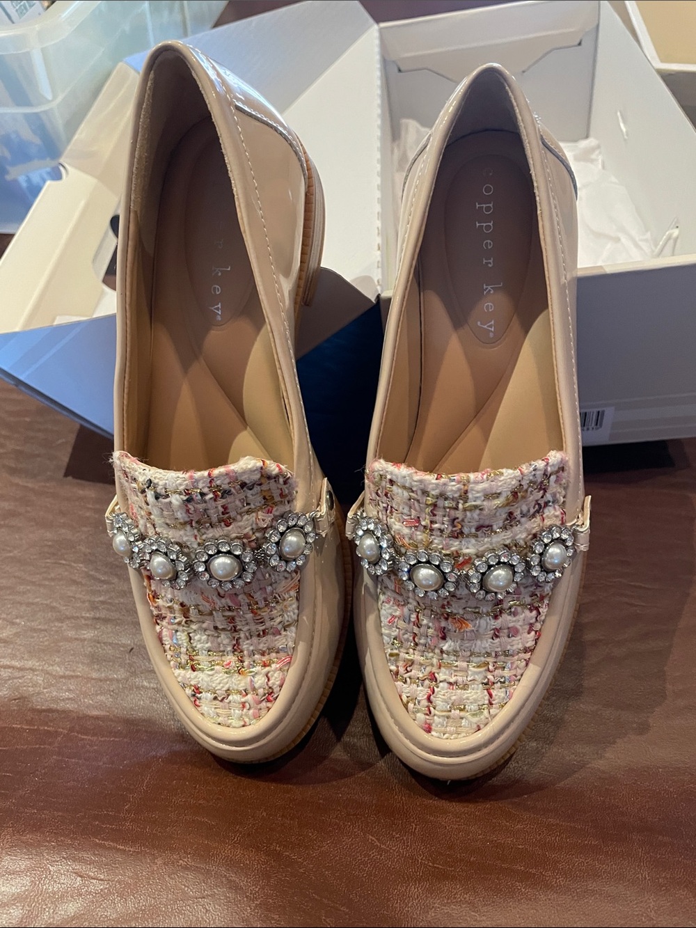 Copper Key Pink Tweed Pearl-Embellished Loafers